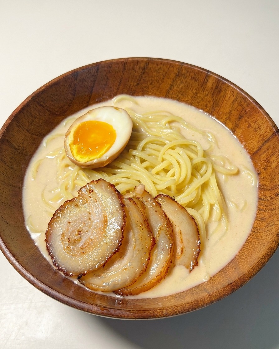 Ciotola di ramen guarnita con chashu e un uovo barzotto tagliato a metà con tuorlo arancione brillante.