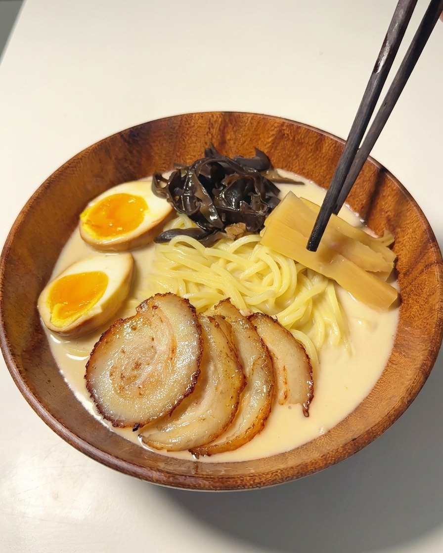 Bacchette che dispongono germogli di bambù chiari in una ciotola di ramen insieme a funghi, maiale e uova.