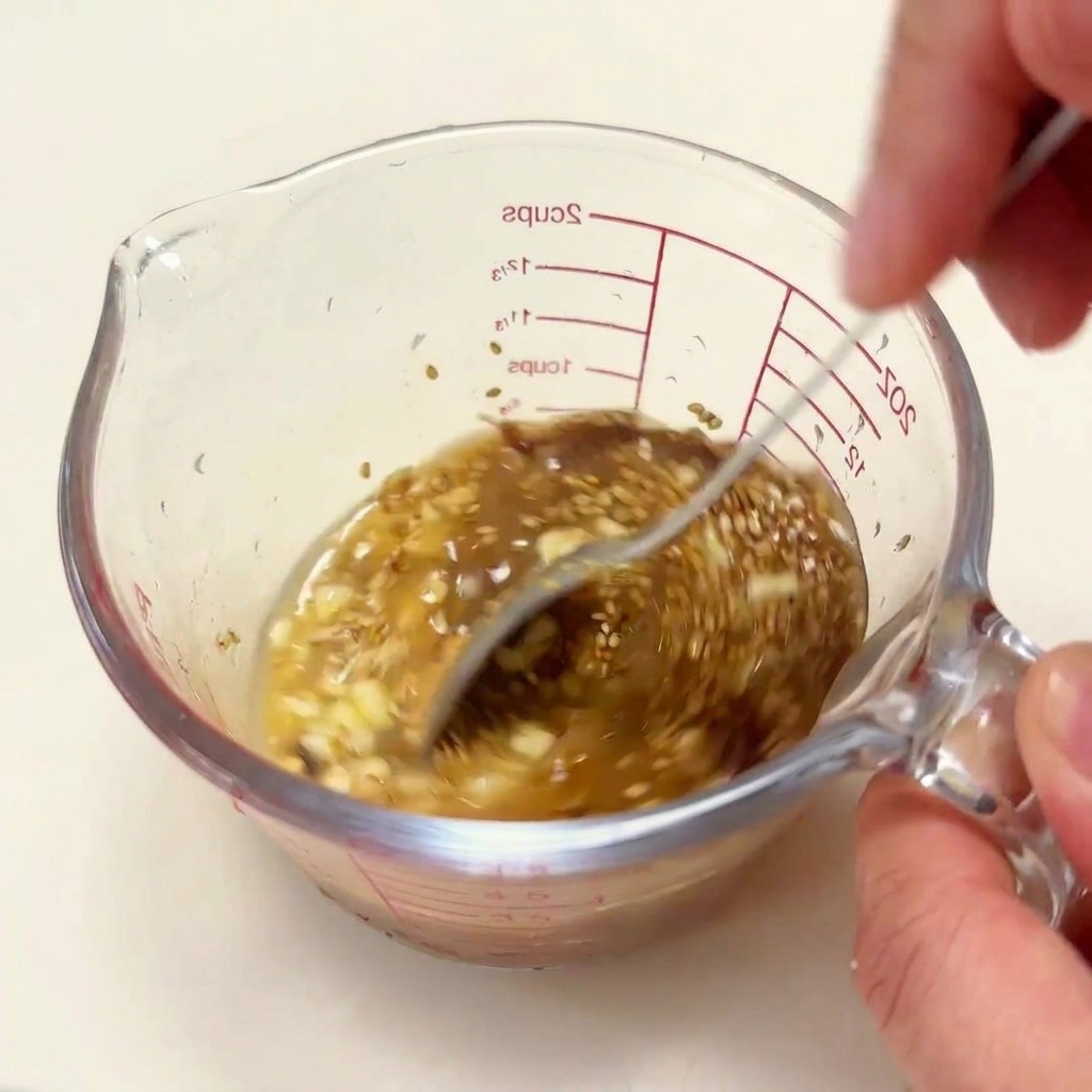 Una mano che mescola brodo caldo, miso e condimenti in un misurino di vetro con un cucchiaio di metallo.