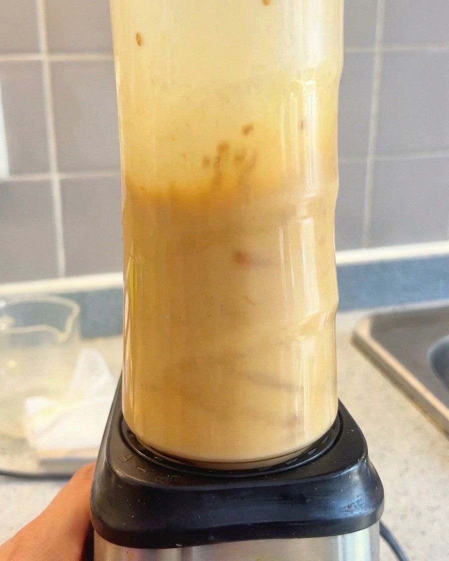 Base per zuppa di ramen cremosa e liscia allinterno di un frullatore dopo la lavorazione.