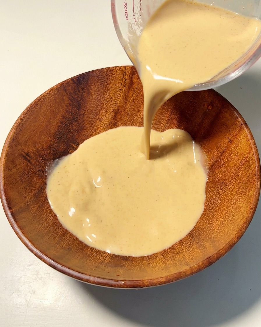 Base cremosa per zuppa versata da un misurino trasparente in una ciotola di legno.