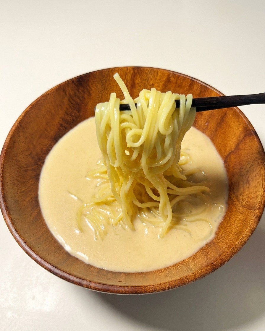 Noodles cotti sollevati e adagiati nel brodo cremoso con bacchette scure.