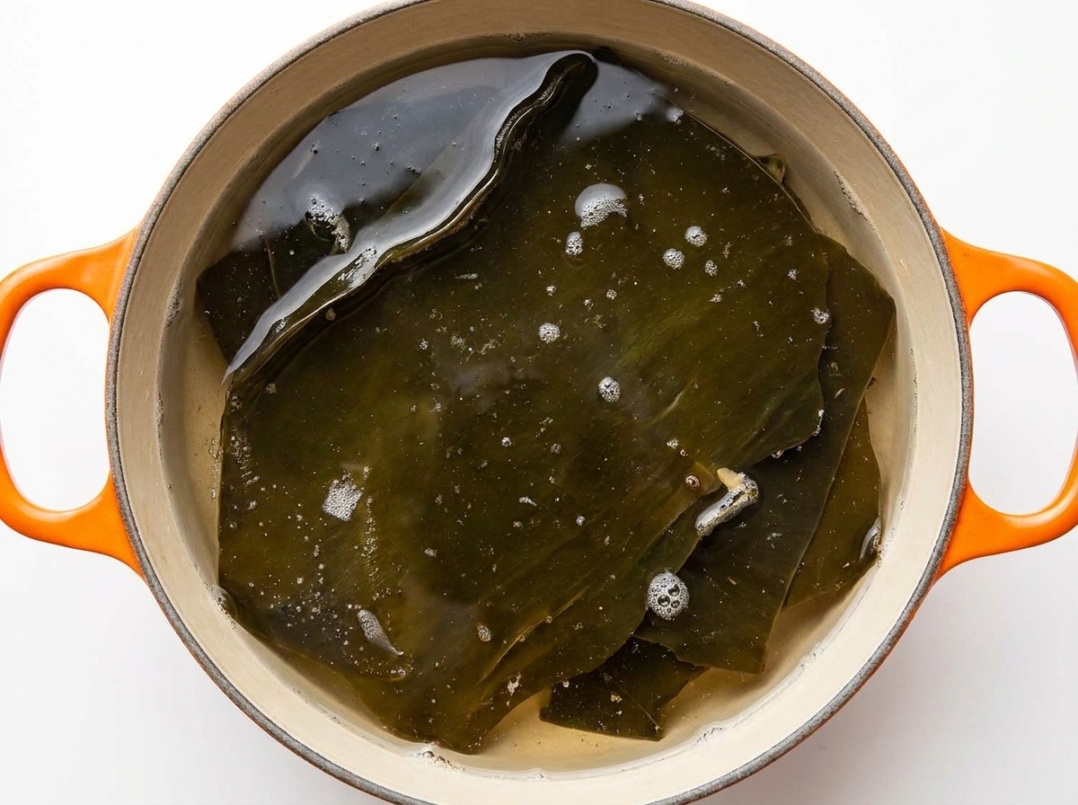 Un pezzo di alga kelp essiccata che sobbolle in una pentola dacqua.
