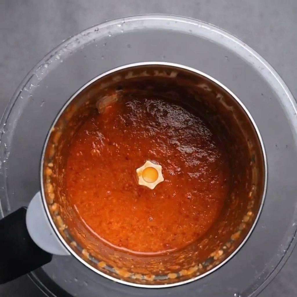 Vista dallalto di un frullatore contenente una purea di peperoncino rosso liscia e intensa.