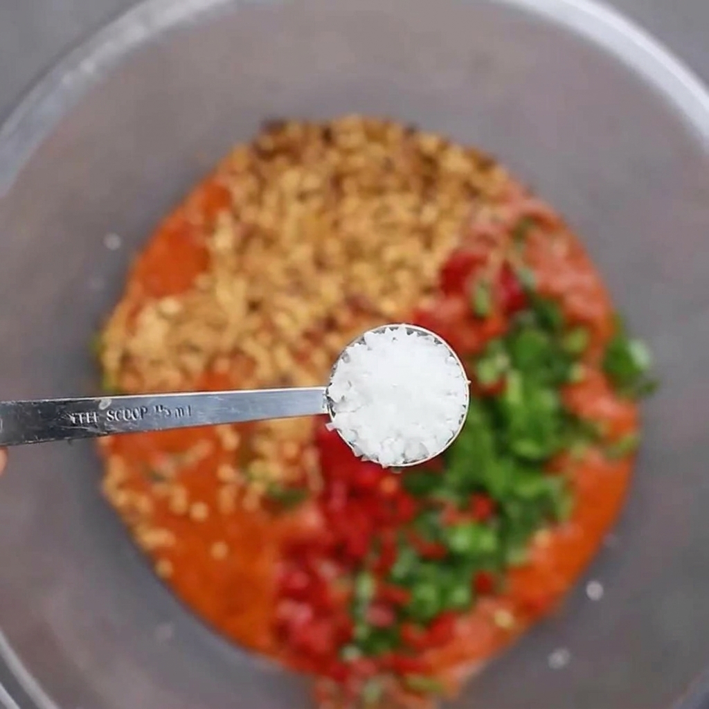 Aggiunta di sale marino in una ciotola con purea di peperoncino, peperoncini freschi tritati e aglio.