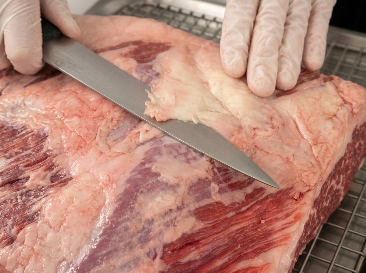 Lo chef usa un coltello per rimuovere lo strato di grasso esterno più spesso dalle costine di manzo crude.