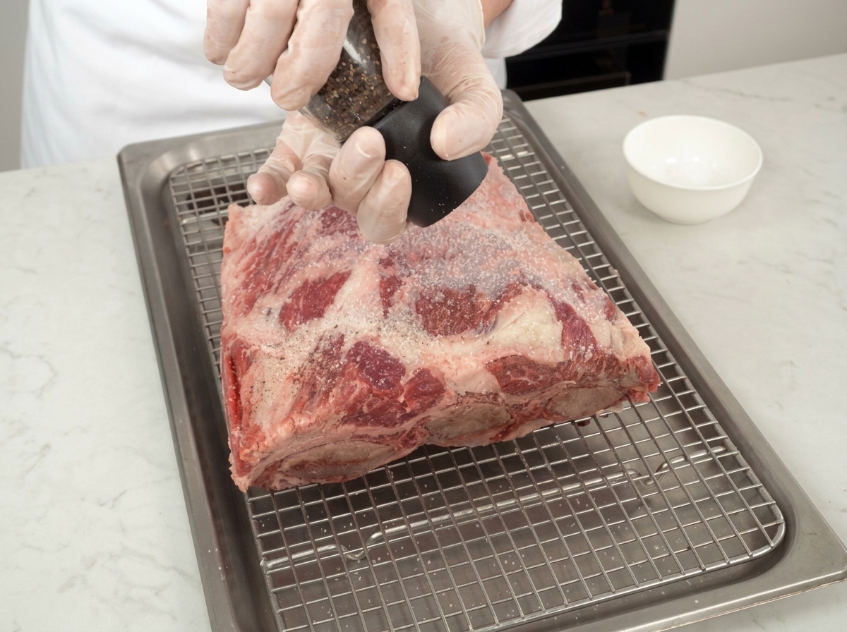 Lo chef macina pepe nero fresco sulle costine di manzo posizionate su una griglia.