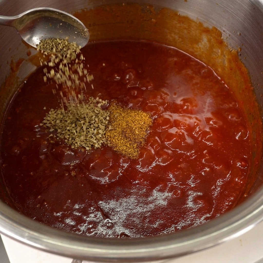 Un cucchiaio aggiunge origano e cumino in una densa salsa barbecue rossa che sobbolle.