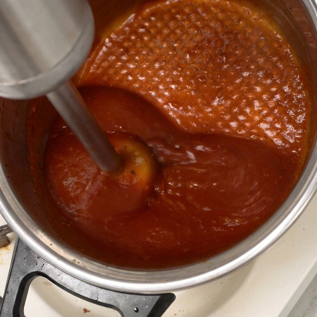 Un frullatore a immersione in acciaio trasforma la salsa BBQ rossa in una crema liscia.