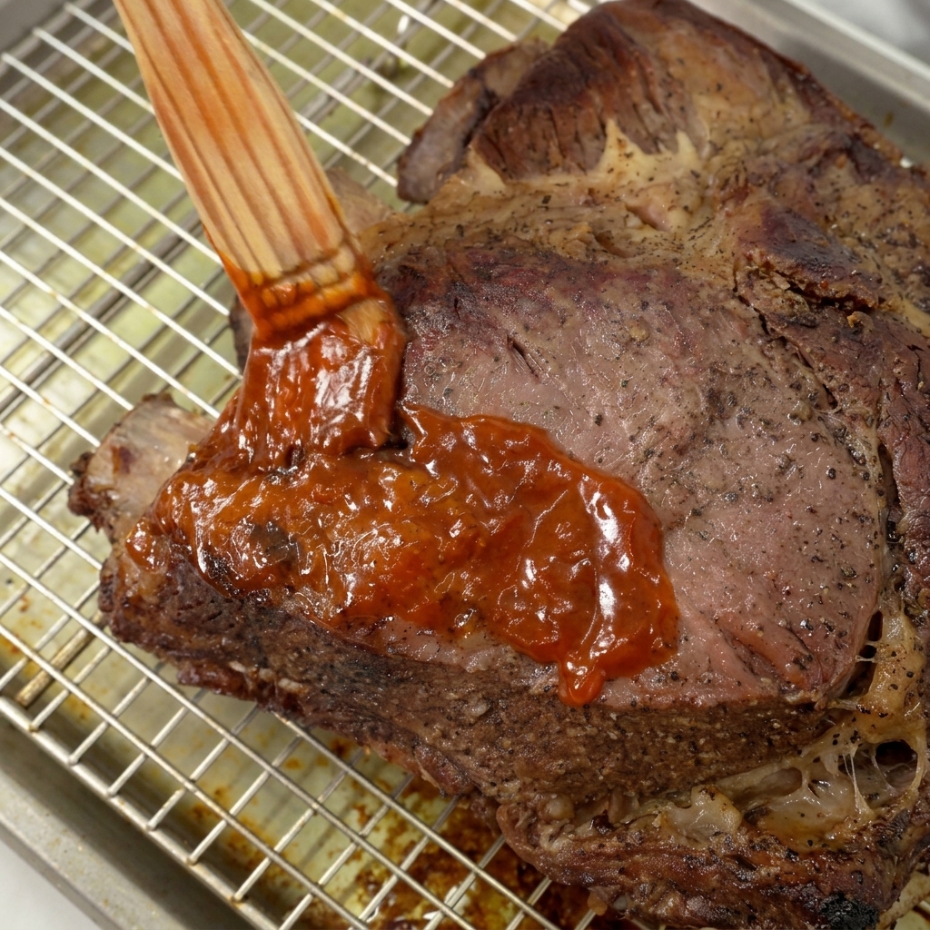 Un pennello da cucina spalma uno strato generoso di salsa BBQ su una costina di manzo arrostita.
