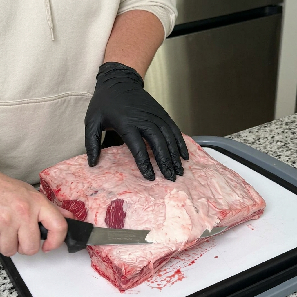 Una persona con guanti neri usa un coltello affilato per rifilare il grasso dal bordo di un grande pezzo di costine di manzo crude.