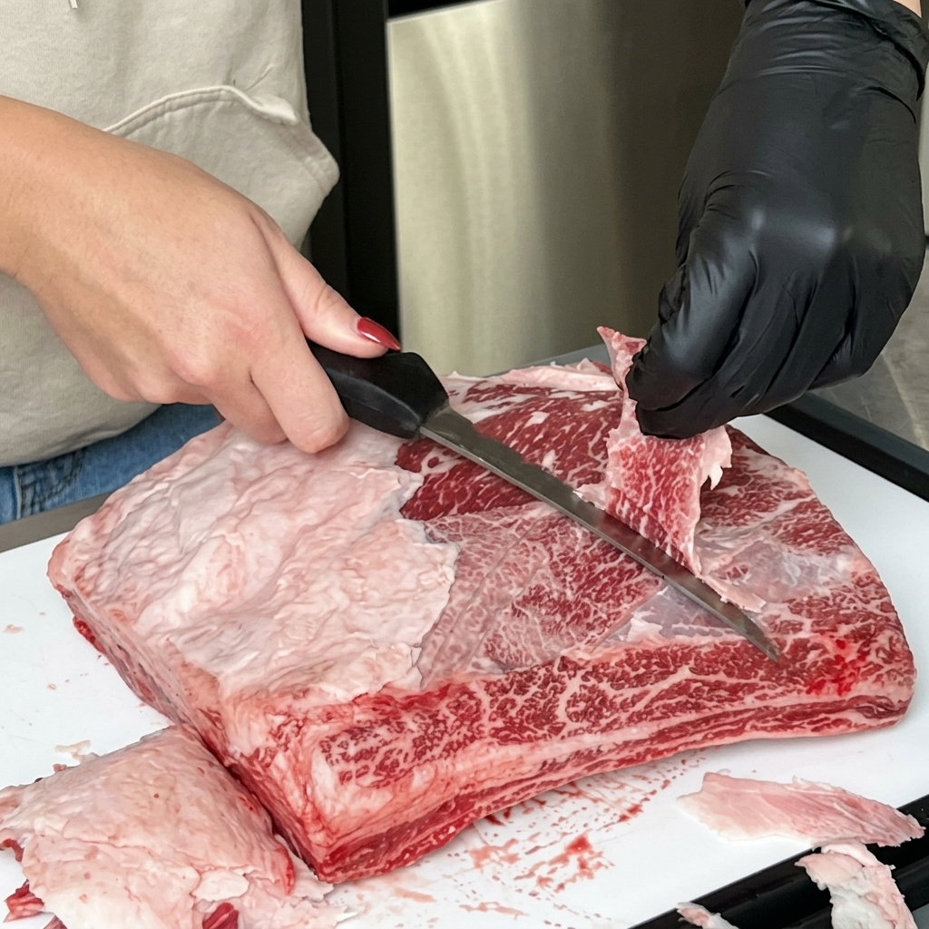 Primo piano di mani che rimuovono un sottile strato di membrana e grasso dalla parte superiore delle costine di manzo.
