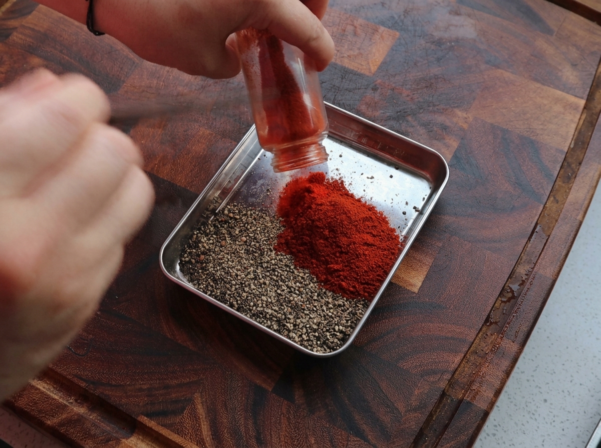 Mani che versano paprika affumicata rossa in un vassoio di metallo con pepe nero grosso.