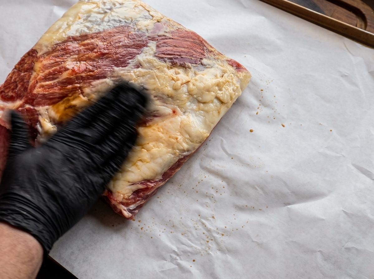 Mano guantata che spalma senape gialla e salsa scura su una costina di manzo su carta forno.