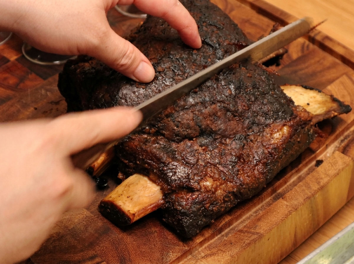 Taglio di una grande costina di manzo arrostita con crosta scura su un tagliere di legno.