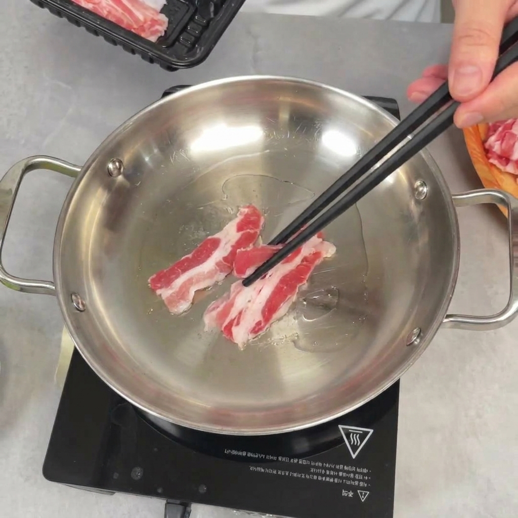 Utilizzo di bacchette per disporre le fette di pancetta cruda in una padella di acciaio inossidabile.