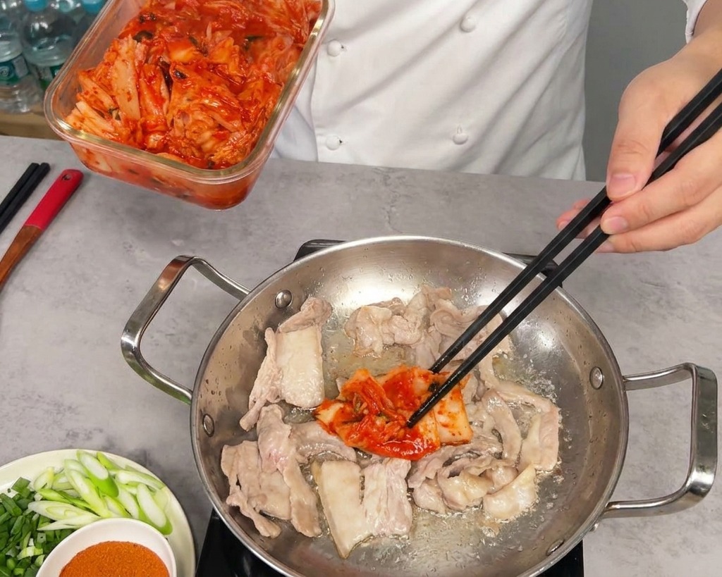 Trasferire una generosa porzione di kimchi rosso tritato da un contenitore di vetro nella padella con la pancetta dorata.