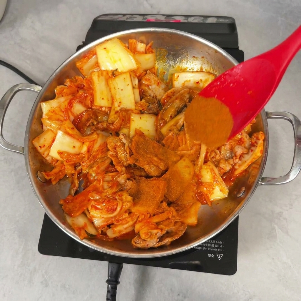 Una spatola rossa che mescola polvere di peperoncino rosso brillante in una padella con kimchi cotto e carne di maiale a fette.