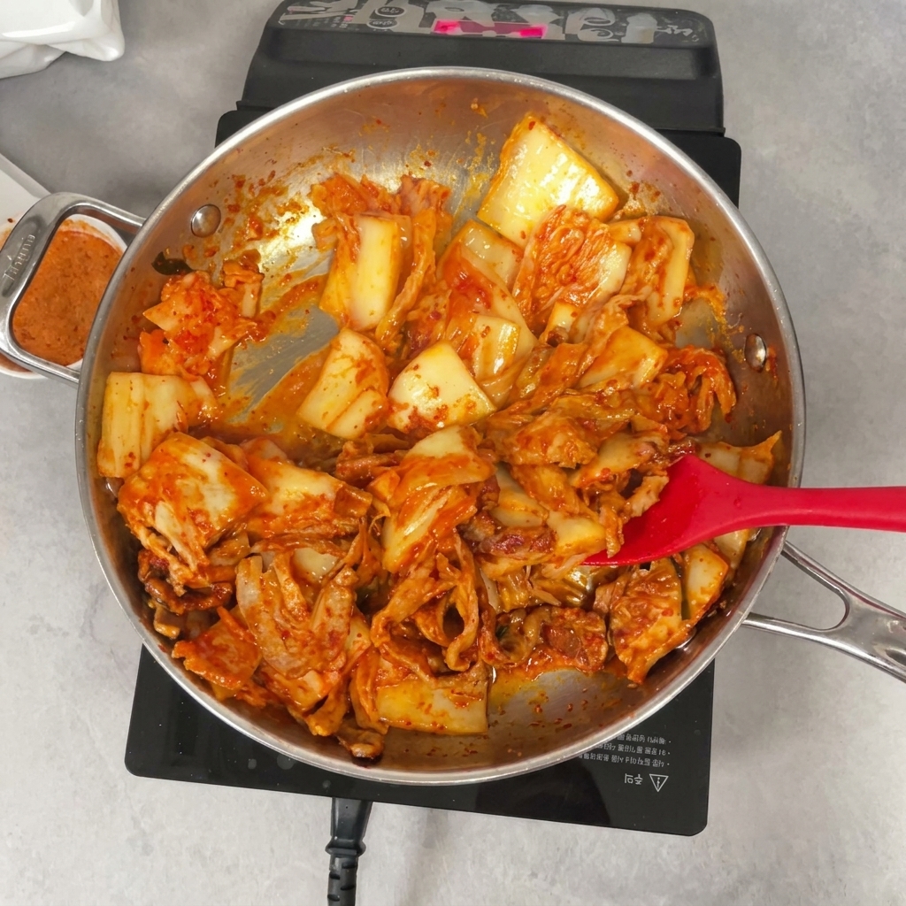 Utilizzo di una spatola rossa per mescolare il composto di pancetta, kimchi e peperoncino in padella.