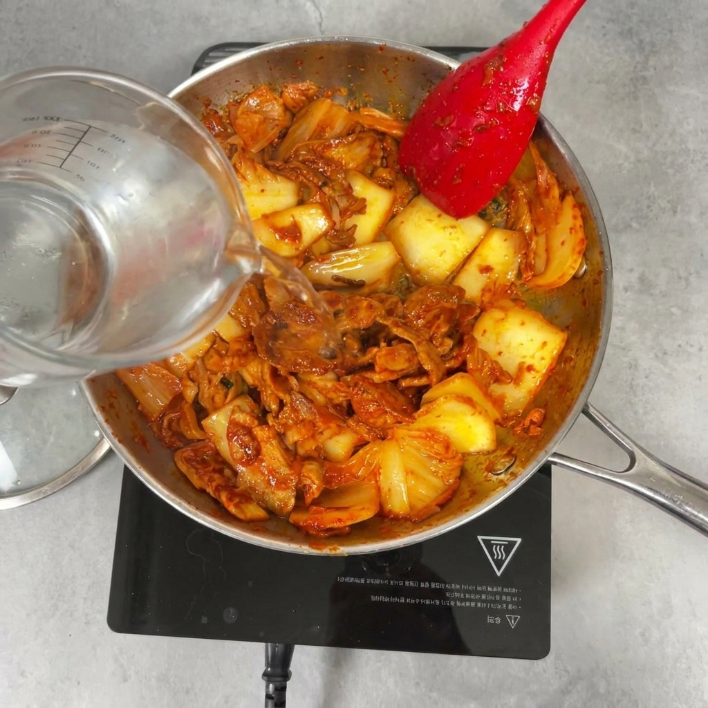 Versare acqua da un misurino di vetro su un mix piccante di kimchi e maiale in una padella in acciaio inossidabile.