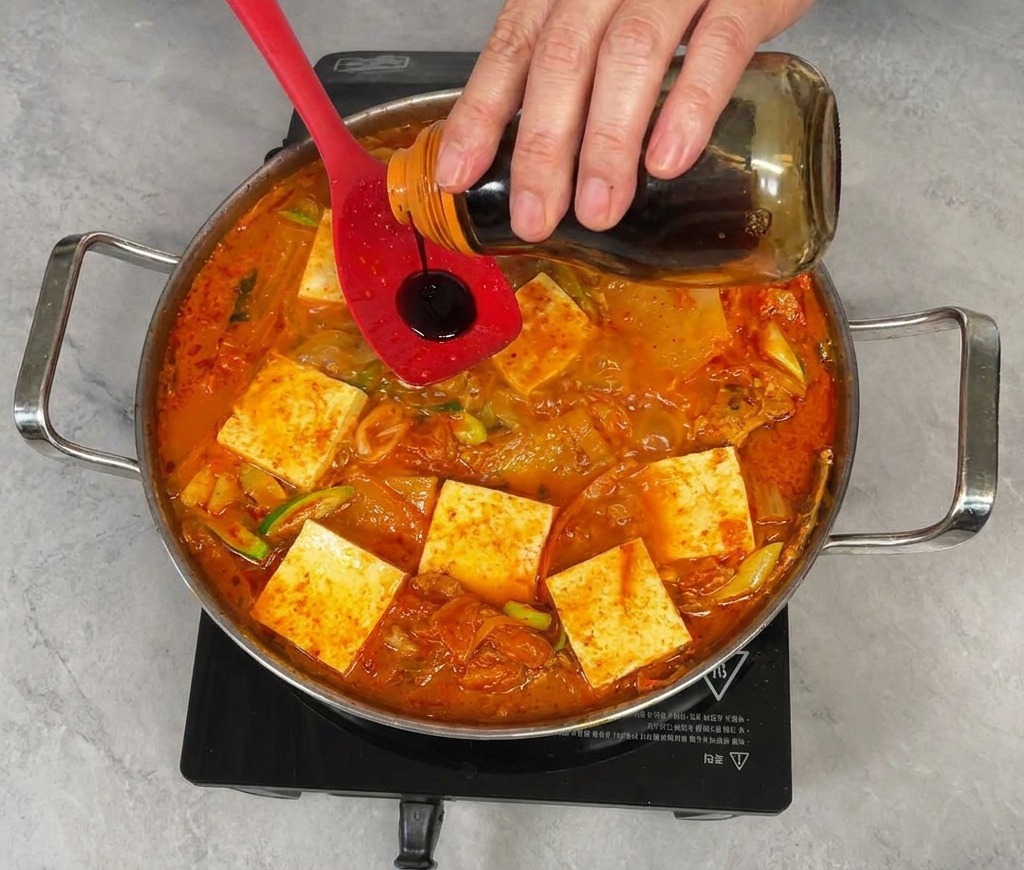 Uno chef versa un condimento liquido scuro da una bottiglia di vetro in un cucchiaio di silicone rosso tenuto sopra una padella di stufato di kimchi.