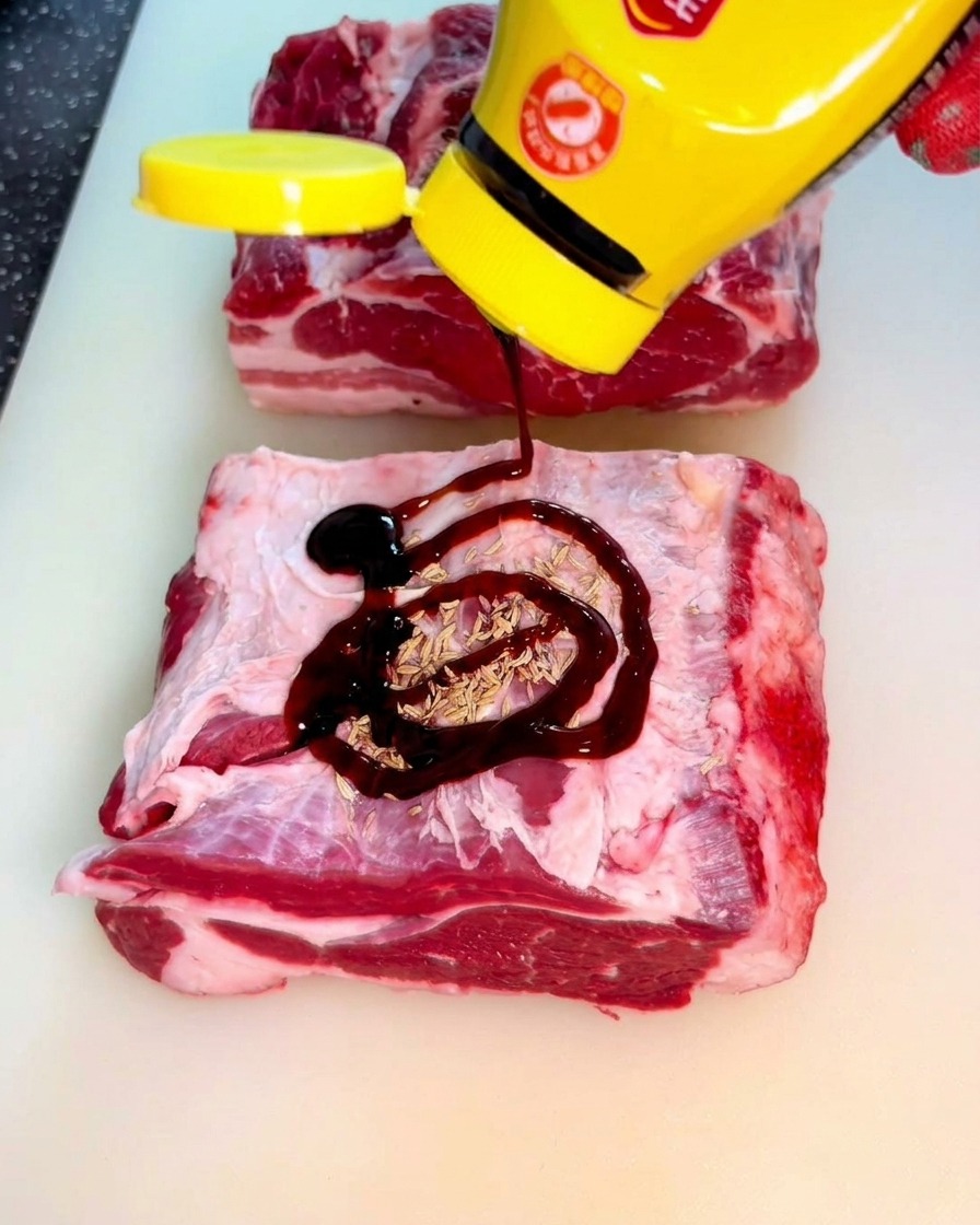 Salsa dostriche densa versata da una bottiglia su un pezzo di manzo crudo.