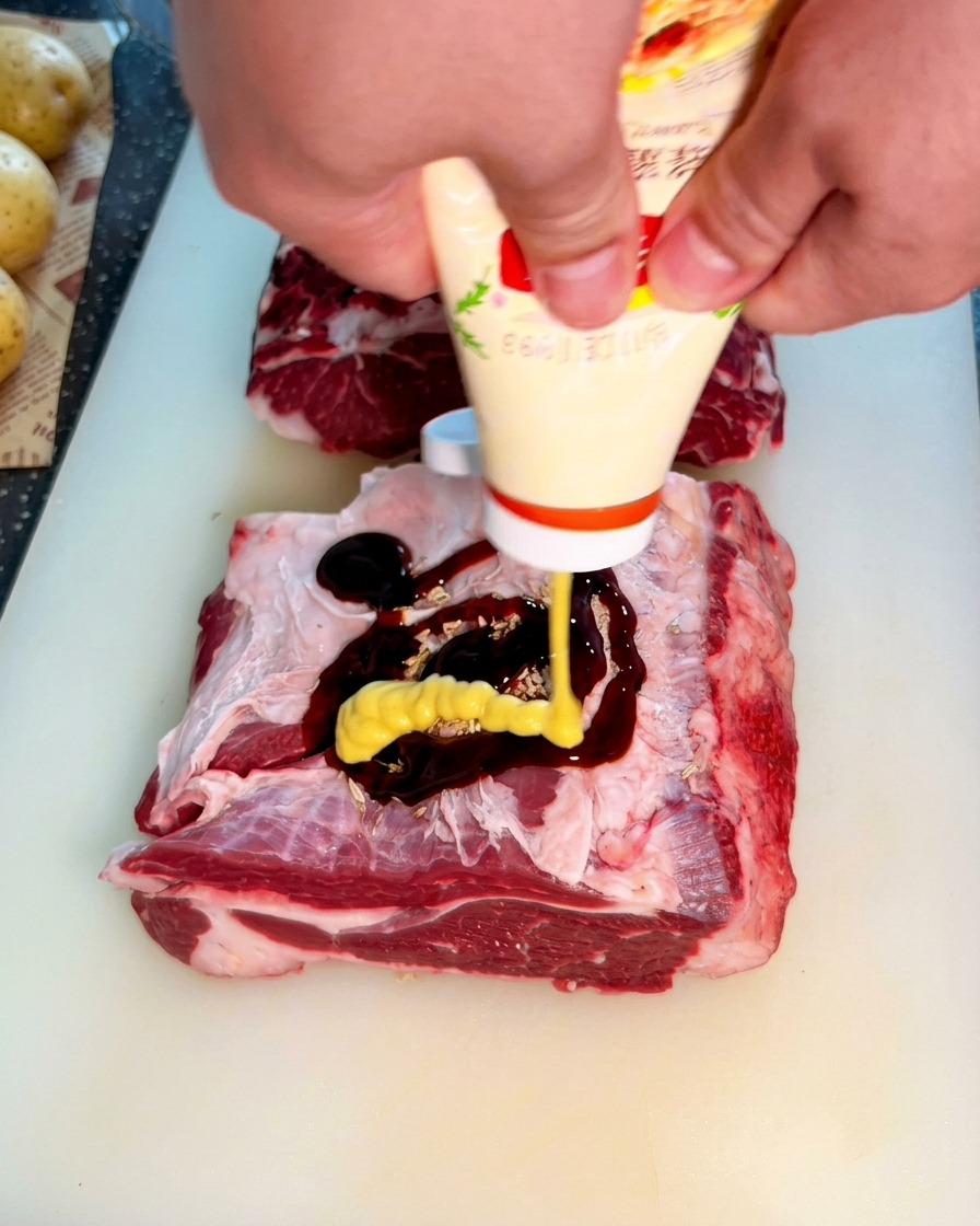 Senape gialla versata sopra la salsa dostriche sulla carne di manzo.