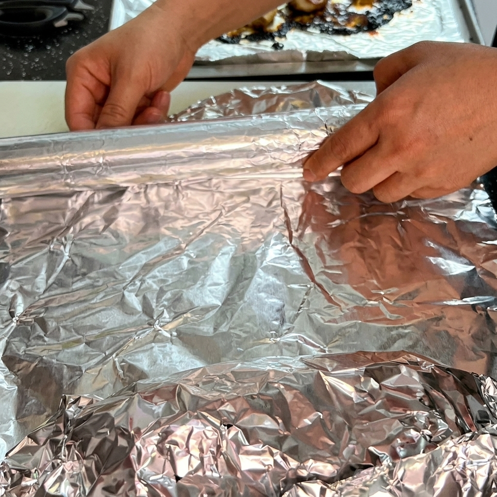 Mani che srotolano un foglio di alluminio per avvolgere il pezzo di manzo arrostito.