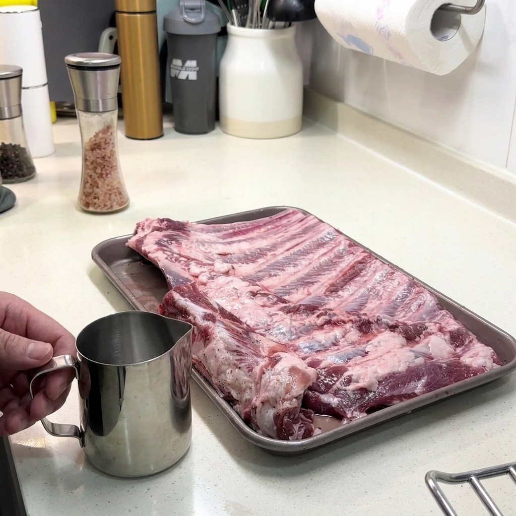 Un piccolo bricco di metallo tenuto accanto a un rack di costine condite, pronto per versare laceto bianco sulla carne.