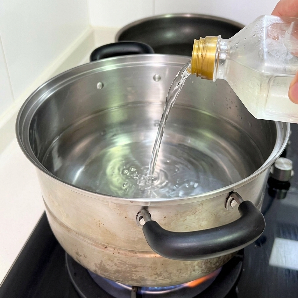 Liquido trasparente versato da una bottiglia di plastica in una pentola di acciaio inossidabile con acqua sul fornello.