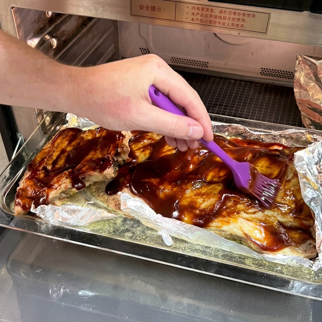 Una mano con un pennello in silicone viola che stende salsa BBQ scura su un rack di costine cotte su un foglio di alluminio aperto.