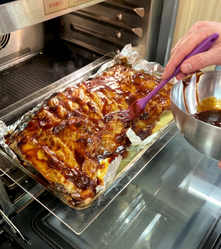 Una persona che fa scorrere una teglia di costine ricoperte di salsa BBQ bruno-rossastra in un forno professionale.