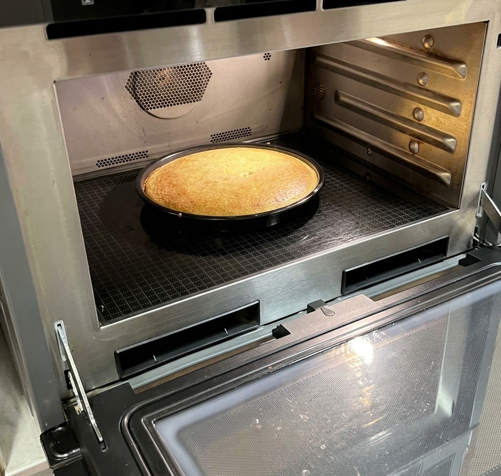Un cornbread rotondo e dorato in una teglia dentro il forno, pronto per essere controllato.