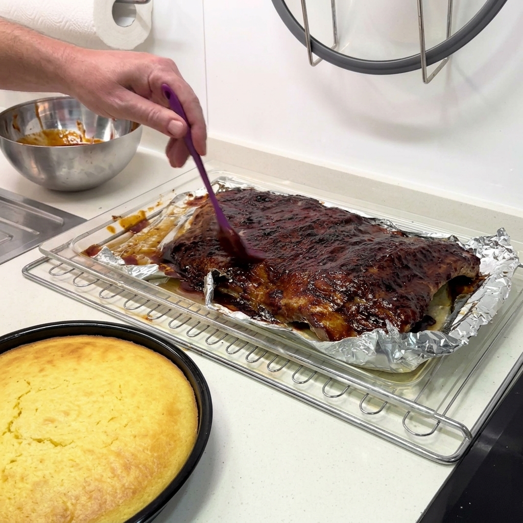 Una mano con un pennello in silicone viola che applica salsa BBQ lucida a una grande lastra di costine su una griglia.
