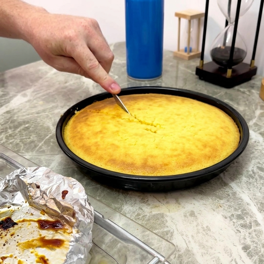 Una mano che usa un coltello per tagliare un cornbread giallo in spicchi triangolari su un piano di marmo.