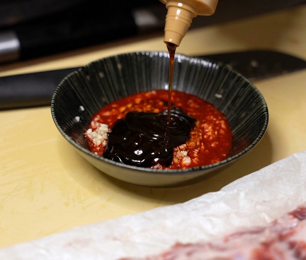 Pasta chu hou scura versata in una ciotola che contiene la base della marinata rossa e laglio.