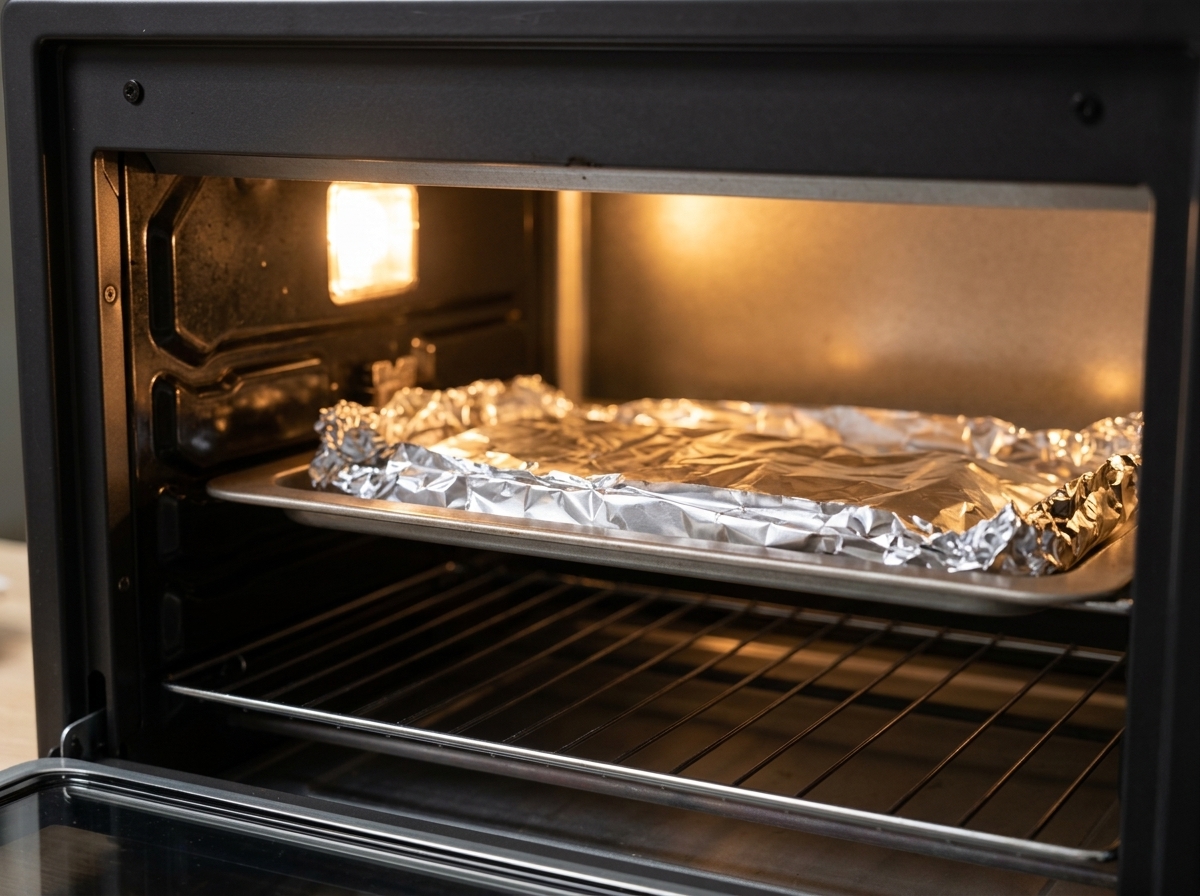 Una teglia con le costine avvolte nellalluminio inserita in un forno caldo.