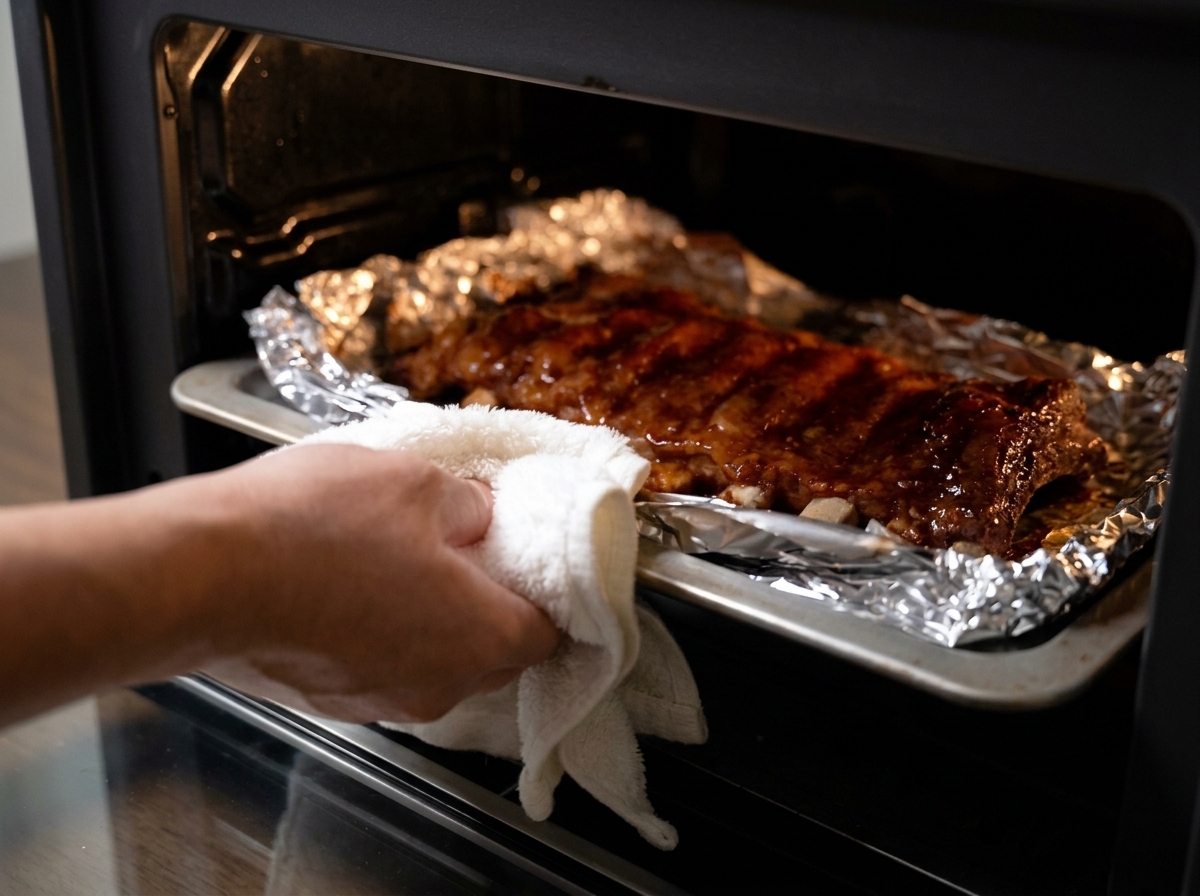 Teglia con costine glassate al miele senza copertura inserita in forno con un canovaccio bianco.