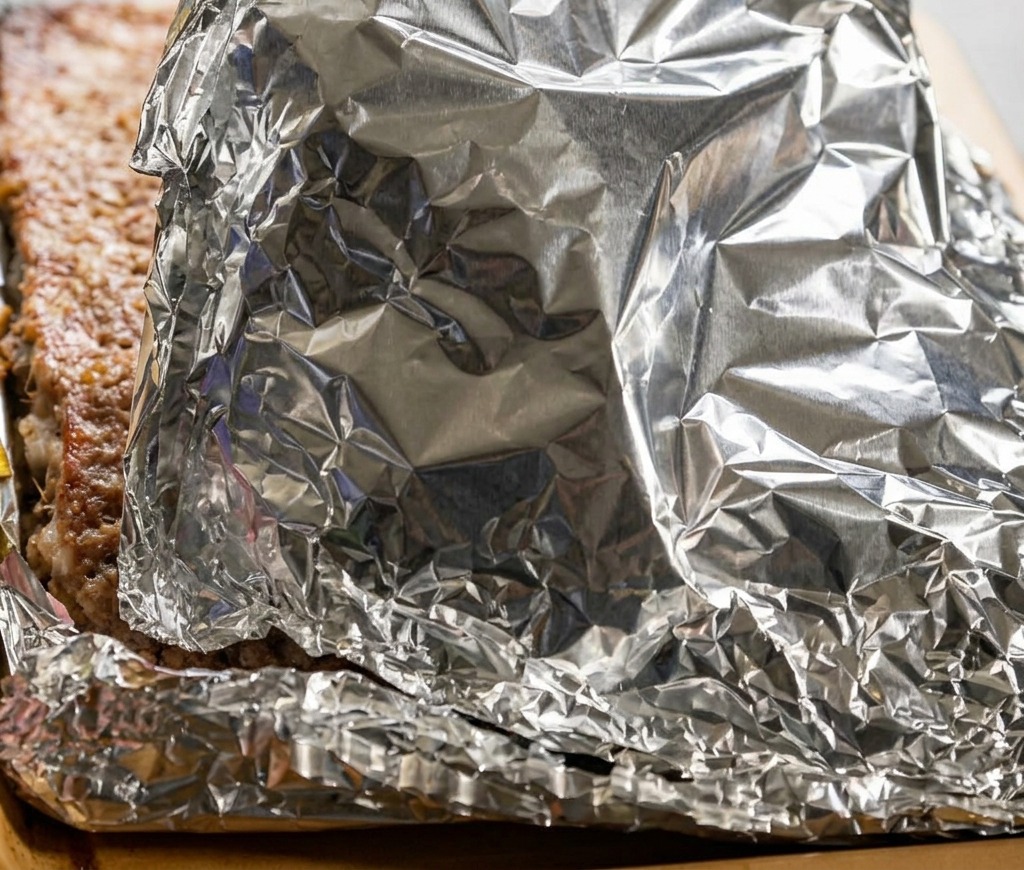 Una mano apre il cartoccio di alluminio rivelando costine parzialmente cotte e succose sulla teglia.