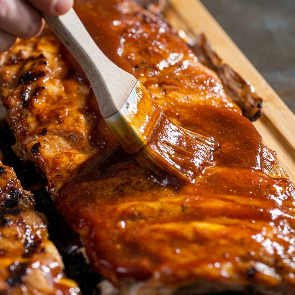 Un pennello da cucina distribuisce una glassa BBQ lucida sulle costine cotte in teglia.