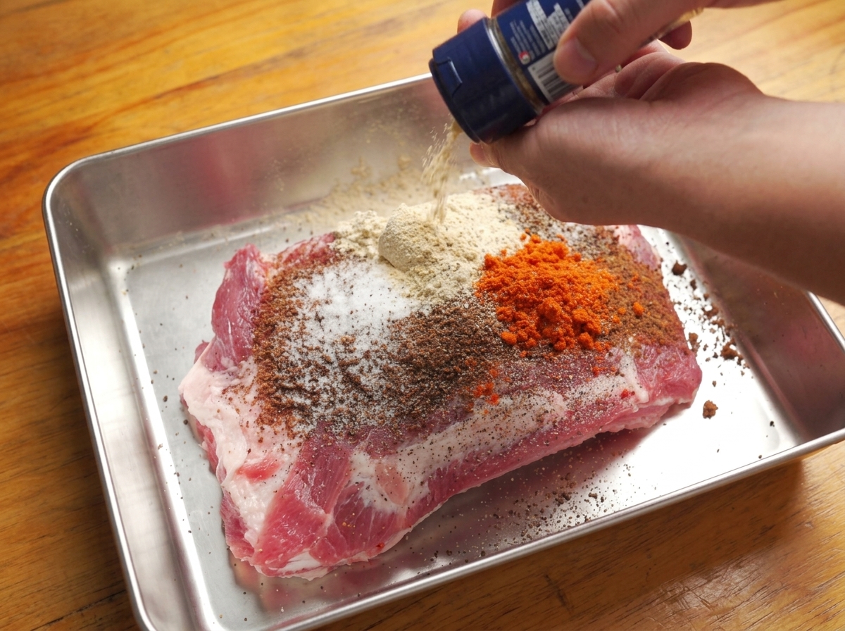 Mani che cospargono spezie e senape su un grande pezzo di costine di maiale.