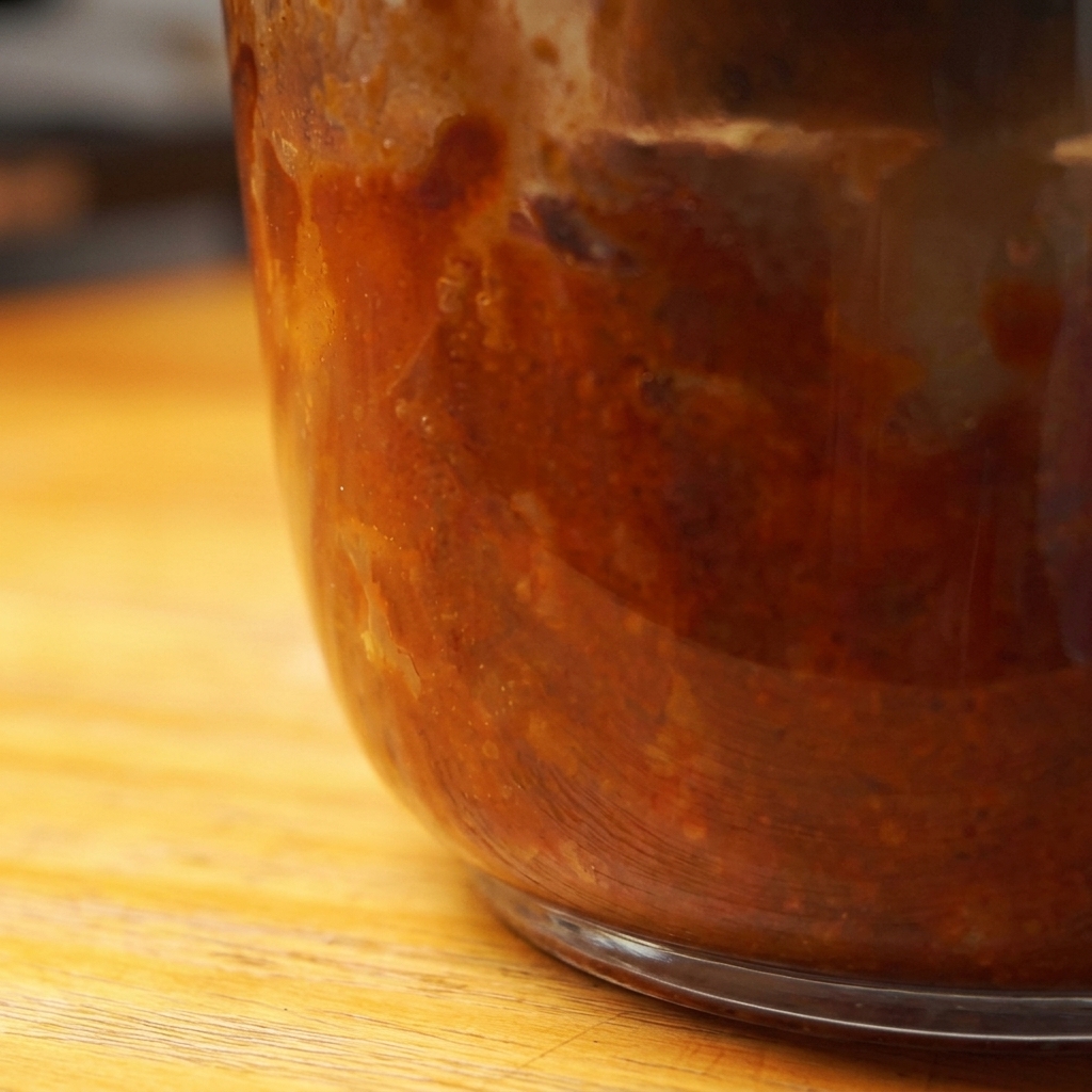 Salsa barbecue alla mela densa e rossa allinterno di un frullatore.