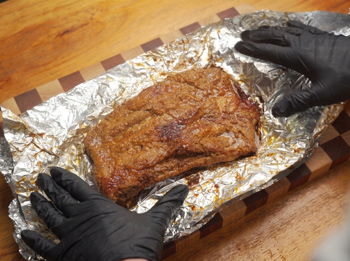 Mani guantate che distribuiscono la salsa barbecue rossa su un rack di costine.