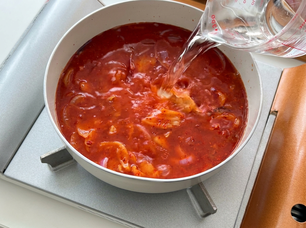 Acqua trasparente versata da un misurino in una padella con un brodo rosso piccante, cipolle e kimchi.