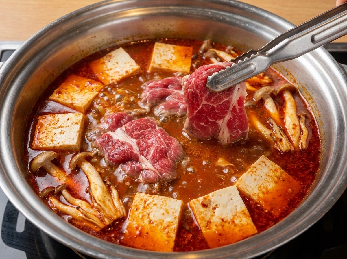 Pinze da cucina in metallo che immergono fettine sottili di manzo crudo in una pentola fumante piena di brodo rosso, tofu e funghi.