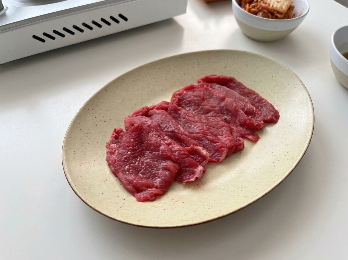 Fettine sottili di manzo crudo disposte ordinatamente su un piatto di ceramica ovale.