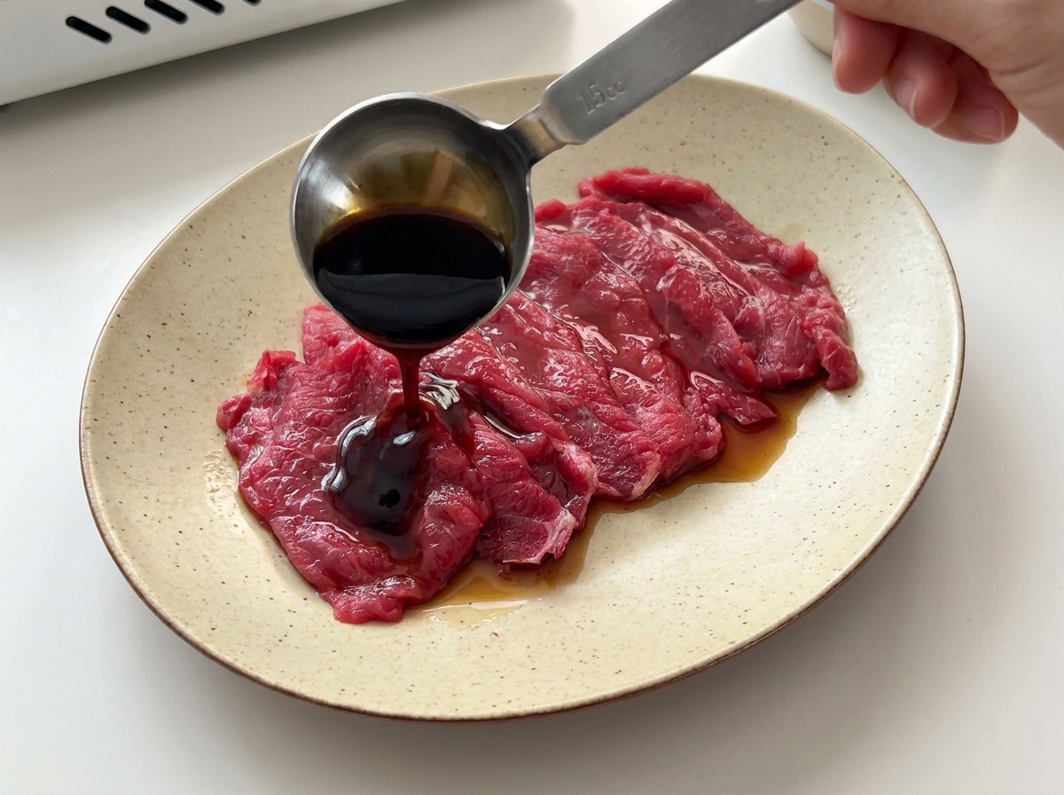 Un cucchiaio dosatore in metallo che versa salsa di soia e salsa di ostriche su fette di manzo crudo in un piatto.