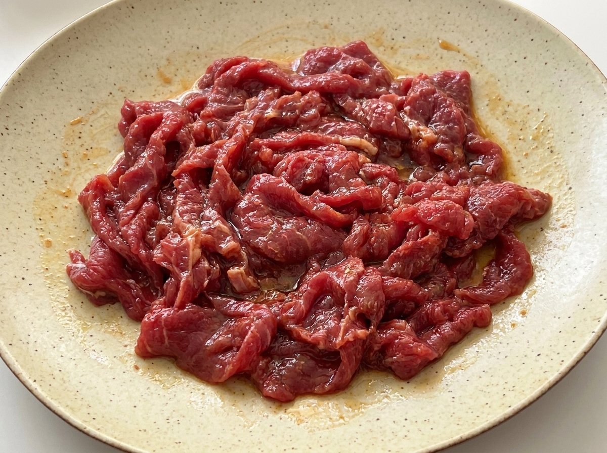 Fettine di manzo crudo completamente ricoperte da una marinatura lucida di salsa di soia, salsa di ostriche e amido di mais.