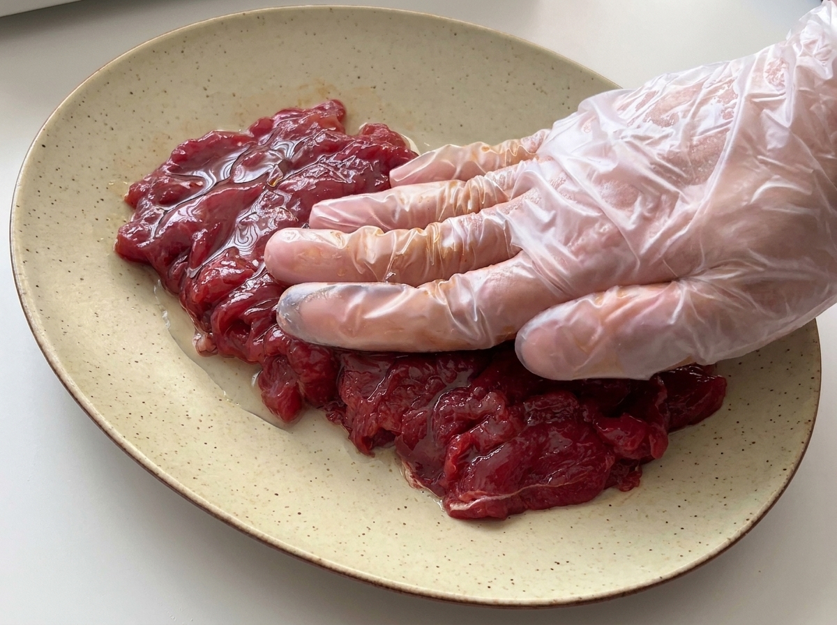 Una mano con un guanto di plastica trasparente preme fette di manzo crudo marinato su un piatto di ceramica.