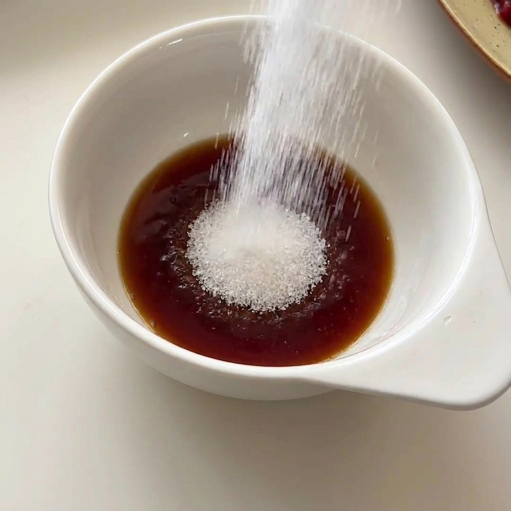 Zucchero bianco versato in una piccola ciotola bianca contenente salsa di soia scura.